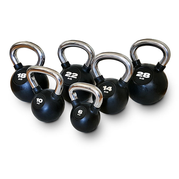 Sapphire Body kettlebells med gummiöverdrag och kromhandtag, 6-28 kg