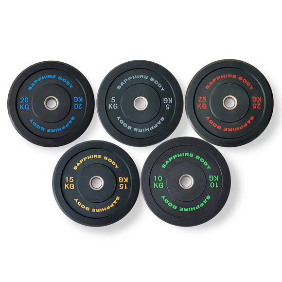 Bumper plates, Sapphire Body (svarta med färgad text), 5-25 kg